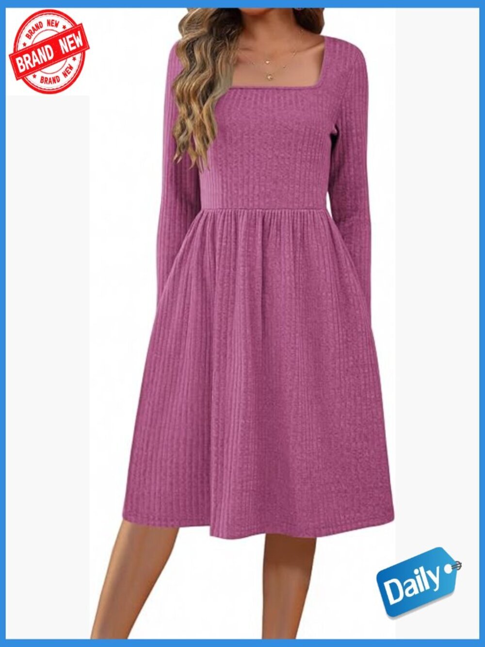 Long Sleeve Sweater Dress with Pockets A-Line Square Neck